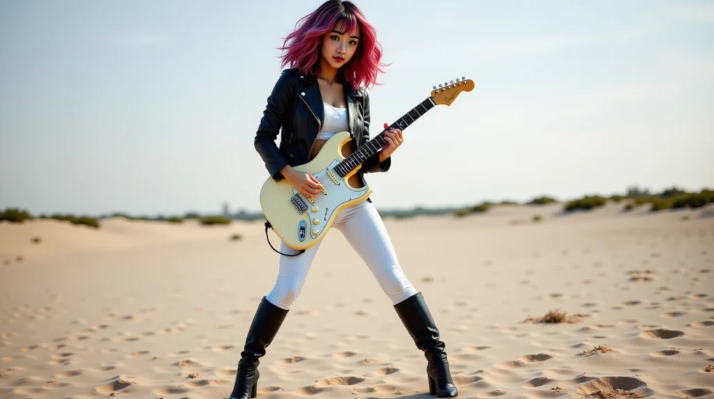 Sayaka Cruz performing Bad Reputation blues rock song with pink hair and guitar